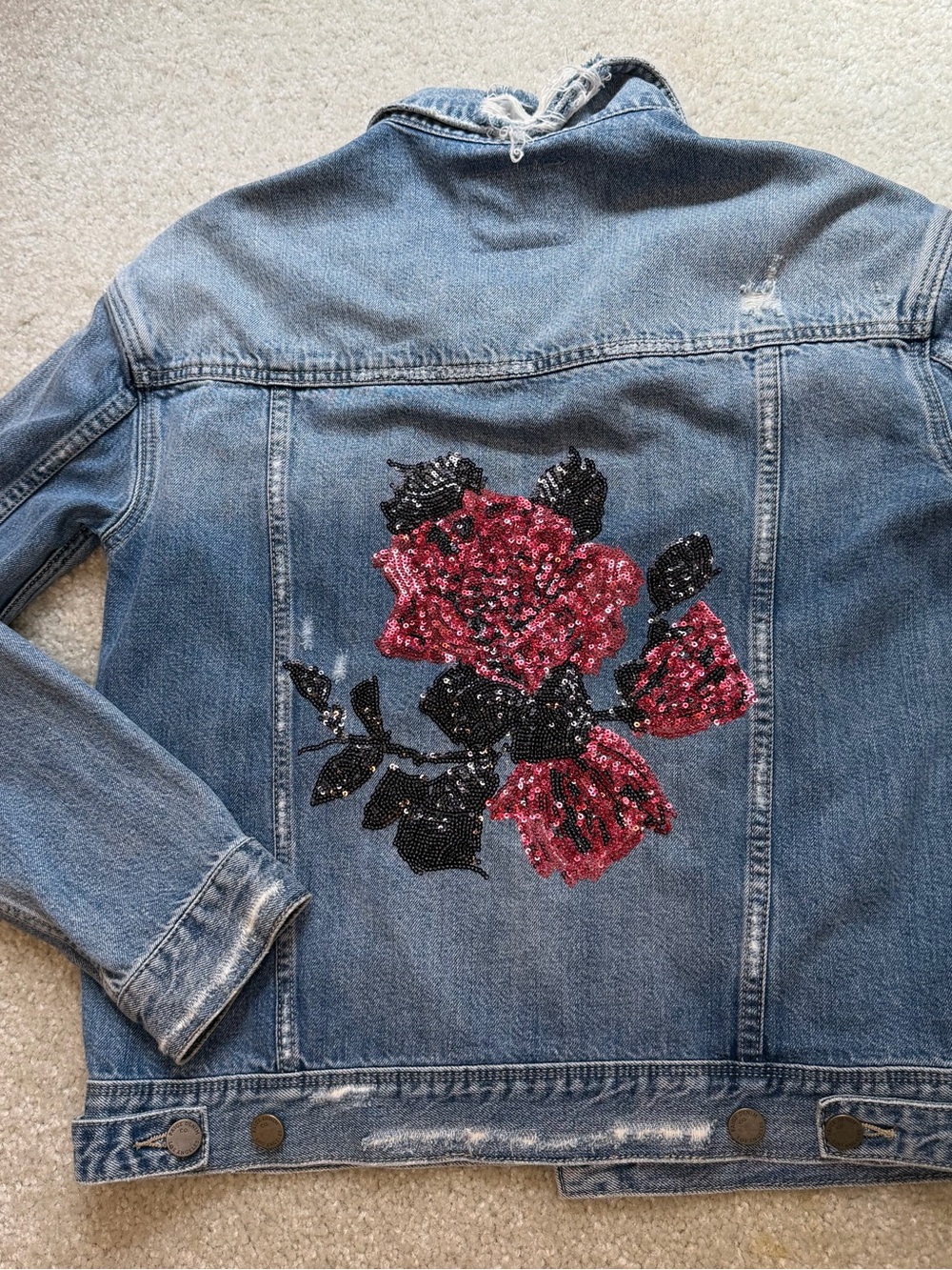 PAIGE Denim Jacket with Pink Sequin Rose and Black Leaf Detail